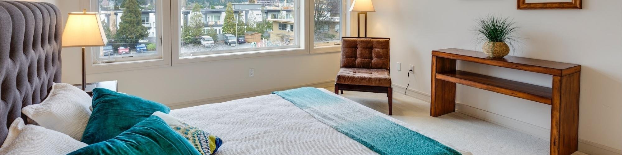 Tropical bedroom with clean carpet flooring